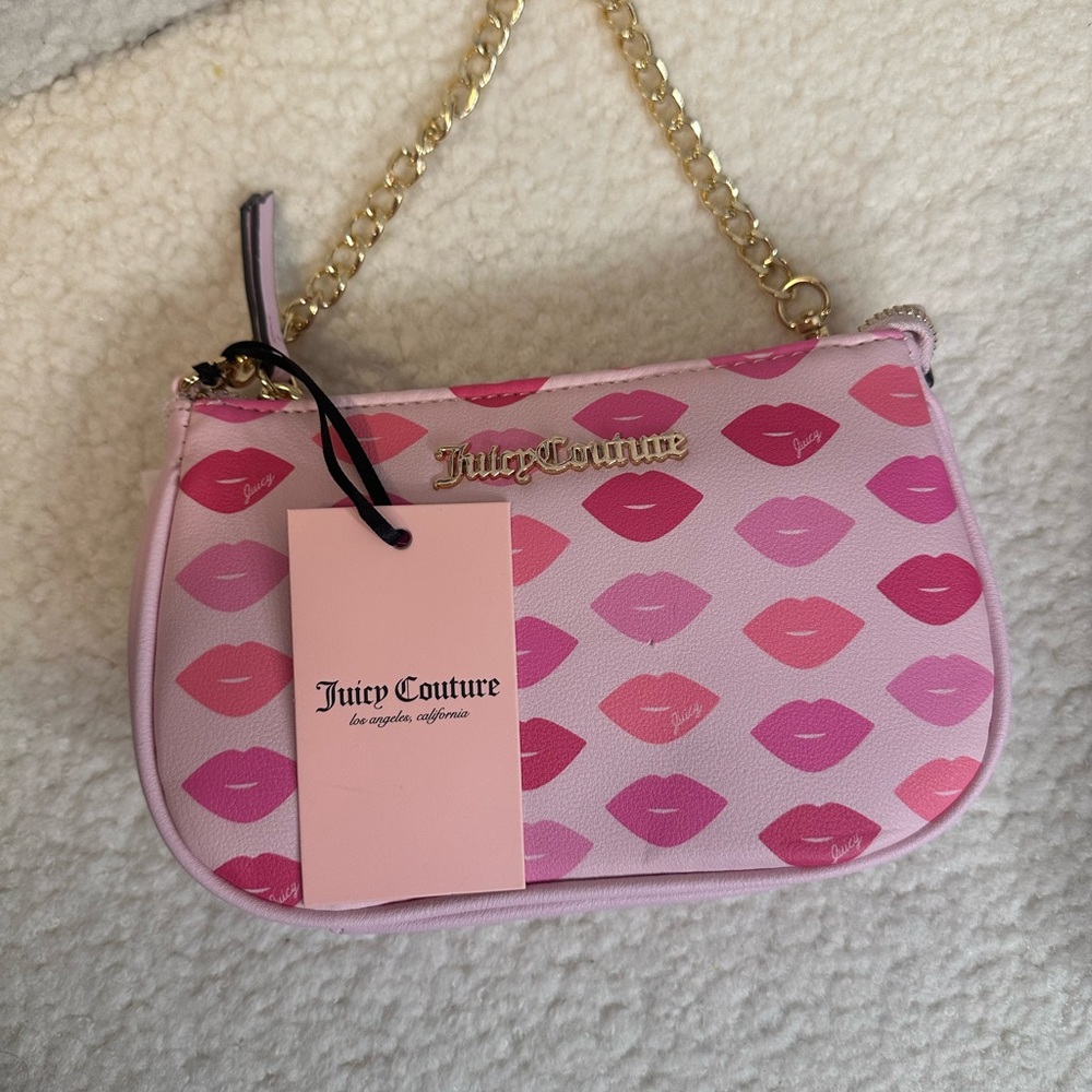 Juicy Couture Pink Lip Pattern Clutch with Gold Chain